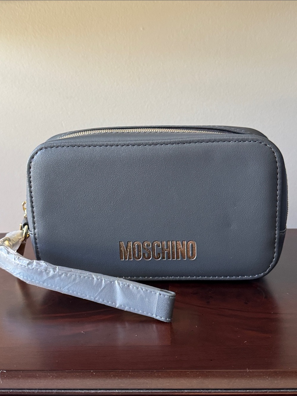 Moschino Gray Gold-Logo Wristlet - collab item